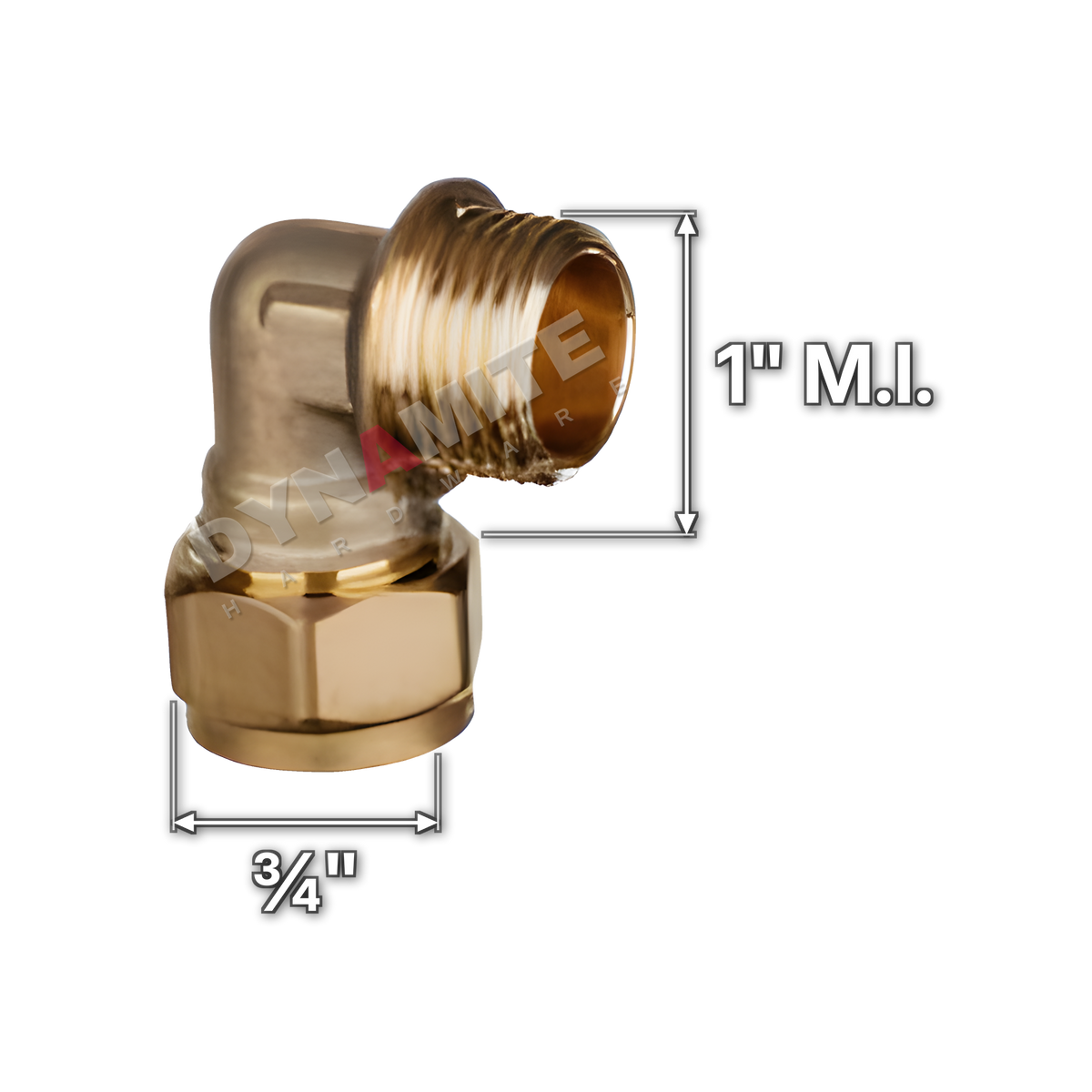 1" x ¾" brass compression male iron elbow (Excel 316134), white arrows mark each connection: 1" male iron (BSP), ¾" compression