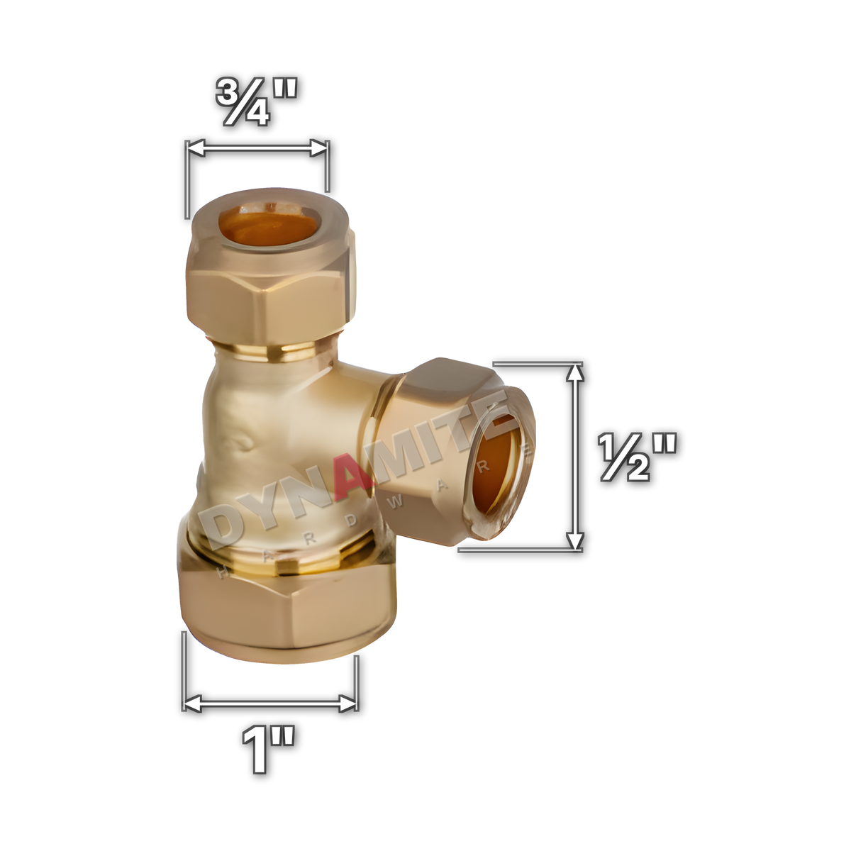 1" x ¾" x ½" brass compression reducing tee (Excel 31813412), white arrows mark each connection: 1" compression, ¾" compression, ½" compression