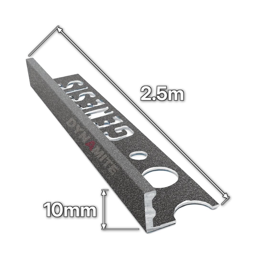 10mm Basalt Effect Aluminium Straight Edge Tile Trim 2.5m - size marked with white arrows: 10mm profile height and 2.5m length