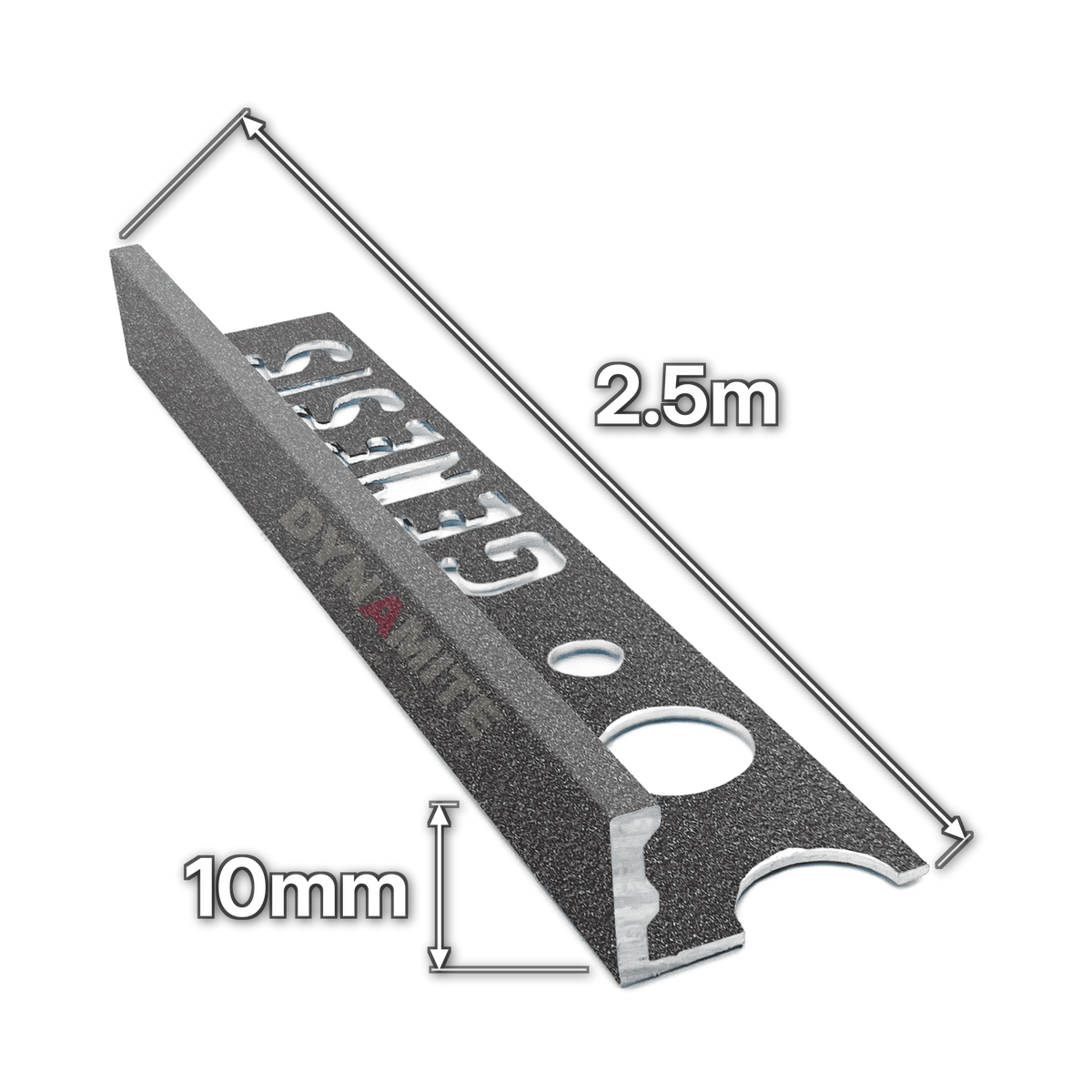 10mm Basalt Effect Aluminium Straight Edge Tile Trim 2.5m - size marked with white arrows: 10mm profile height and 2.5m length