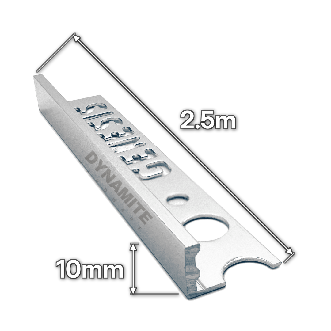 10mm Bright Chrome Aluminium Straight Edge Tile Trim 2.5m - size marked with white arrows: 10mm profile height and 2.5m length