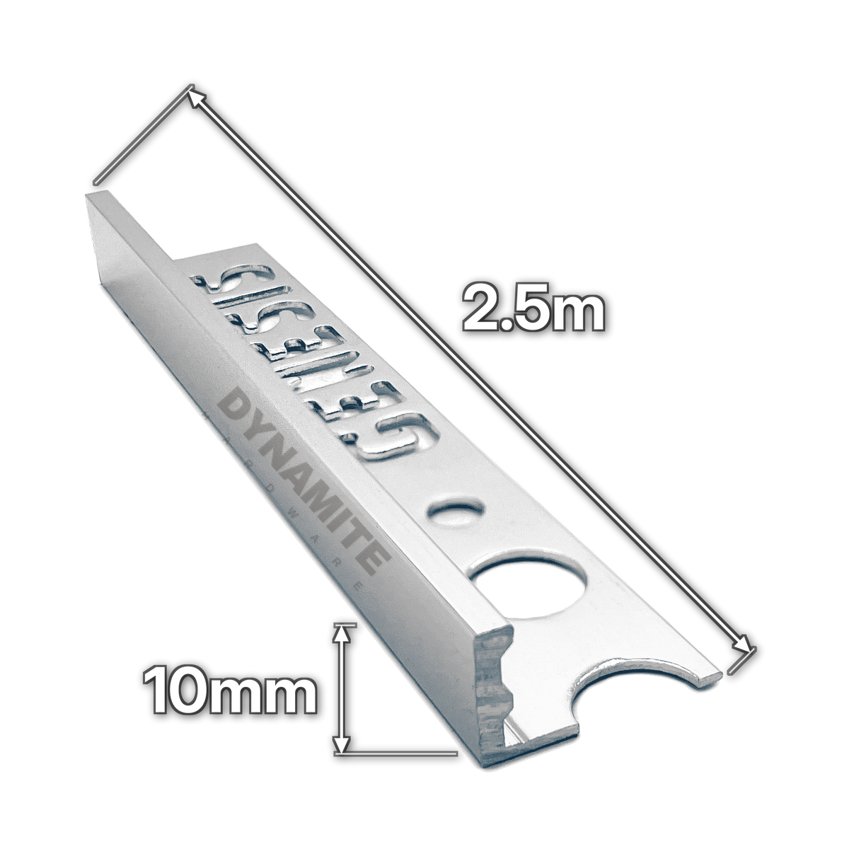 10mm Bright Chrome Aluminium Straight Edge Tile Trim 2.5m - size marked with white arrows: 10mm profile height and 2.5m length