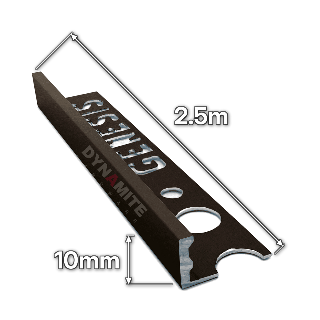 10mm Bronze Aluminium Straight Edge Tile Trim 2.5m - size marked with white arrows: 10mm profile height and 2.5m length