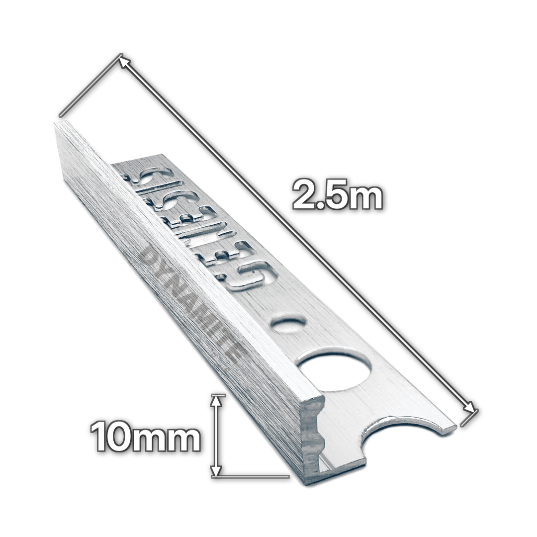 10mm Brushed Chrome Aluminium Straight Edge Tile Trim 2.5m - size marked with white arrows: 10mm profile height and 2.5m length