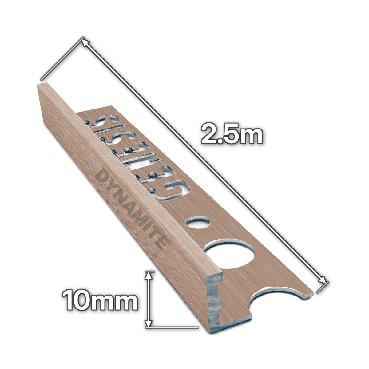 10mm Brushed Copper Aluminium Straight Edge Tile Trim 2.5m - size marked with white arrows: 10mm profile height and 2.5m length