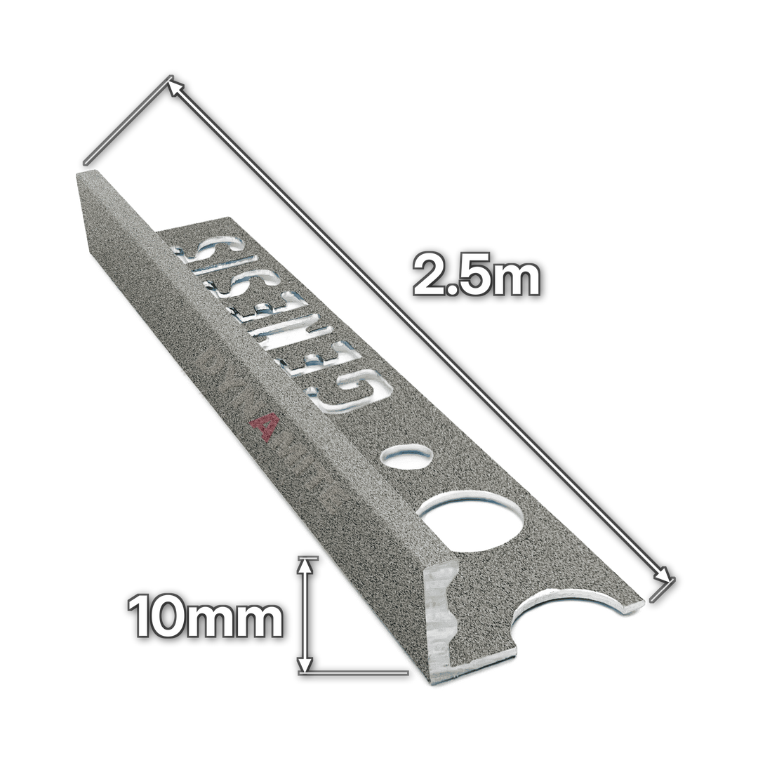 10mm Granite Effect Aluminium Straight Edge Tile Trim 2.5m - size marked with white arrows: 10mm profile height and 2.5m length