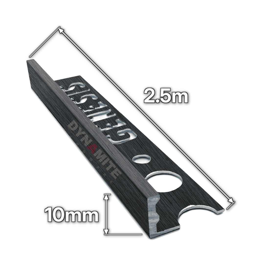 10mm Gunmetal Aluminium Straight Edge Tile Trim 2.5m - size marked with white arrows: 10mm profile height and 2.5m length