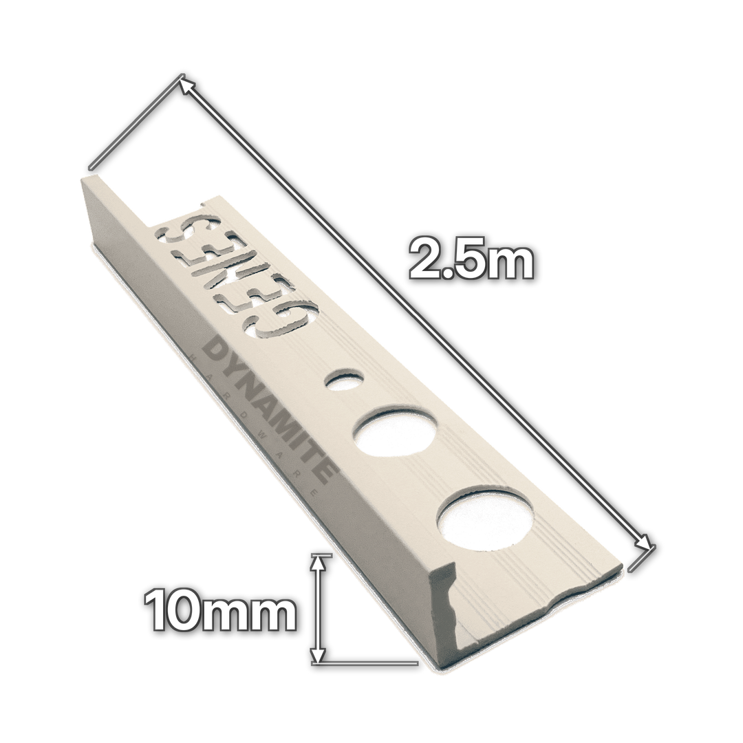 10mm Jasmine PVC Straight Edge Tile Trim 2.5m - size marked with white arrows: 10mm profile height and 2.5m length