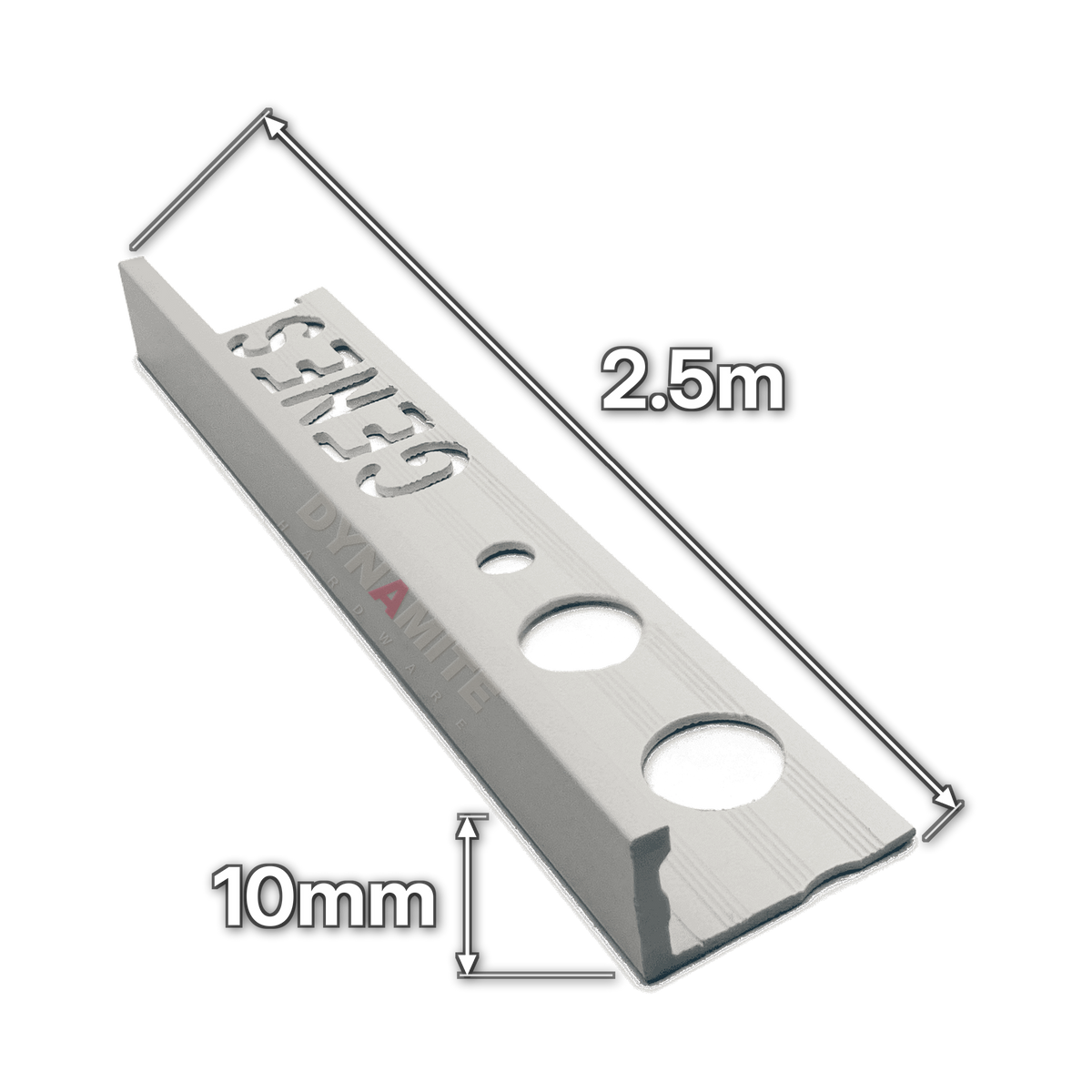 10mm Light Grey PVC Straight Edge Tile Trim 2.5m - size marked with white arrows: 10mm profile height and 2.5m length