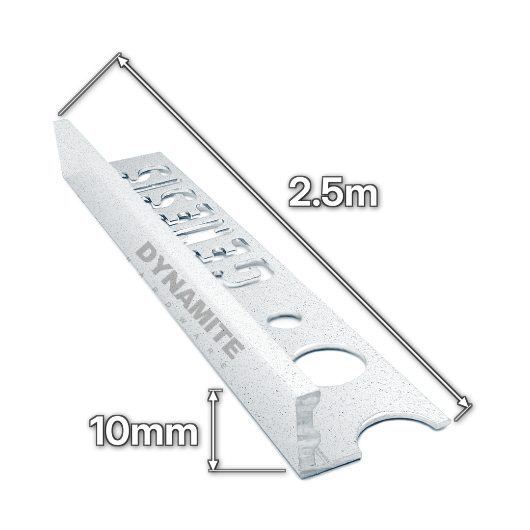 10mm Limestone Effect Aluminium Straight Edge Tile Trim 2.5m - size marked with white arrows: 10mm profile height and 2.5m length