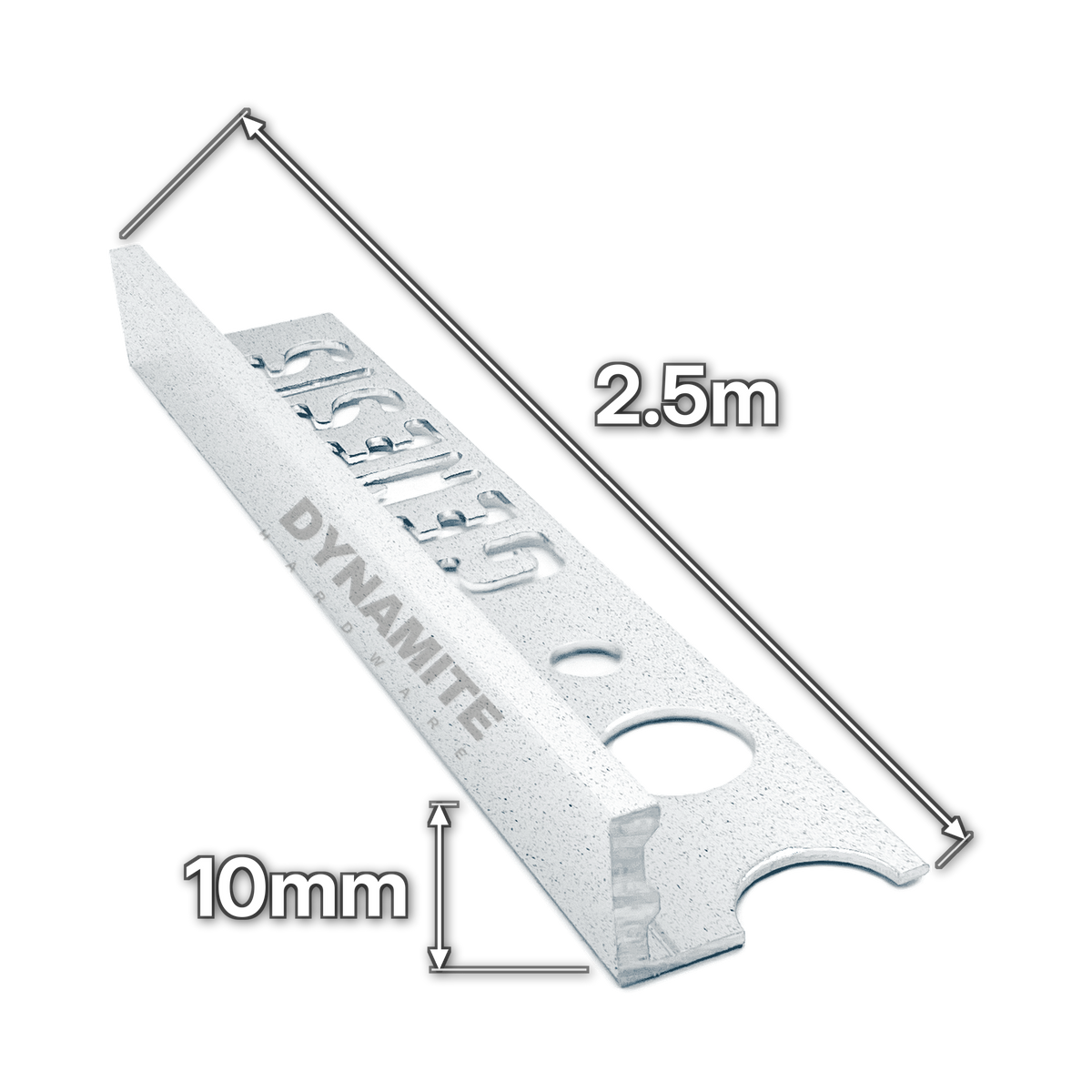 10mm Limestone Effect Aluminium Straight Edge Tile Trim 2.5m - size marked with white arrows: 10mm profile height and 2.5m length