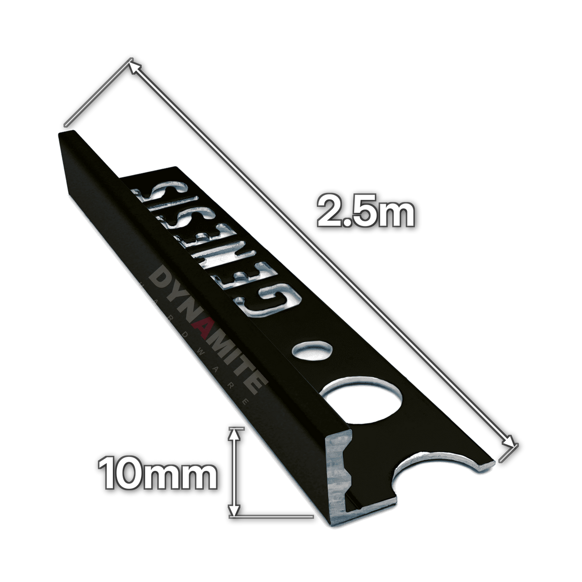 10mm Matt Black Aluminium Straight Edge Tile Trim 2.5m - size marked with white arrows: 10mm profile height and 2.5m length