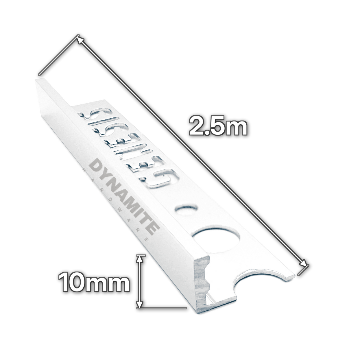 10mm Matt White Aluminium Straight Edge Tile Trim 2.5m - size marked with white arrows: 10mm profile height and 2.5m length