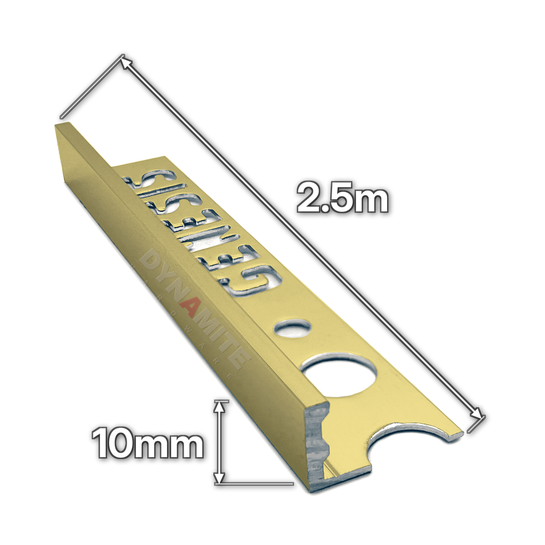10mm Polished Brass Aluminium Straight Edge Tile Trim 2.5m - size marked with white arrows: 10mm profile height and 2.5m length