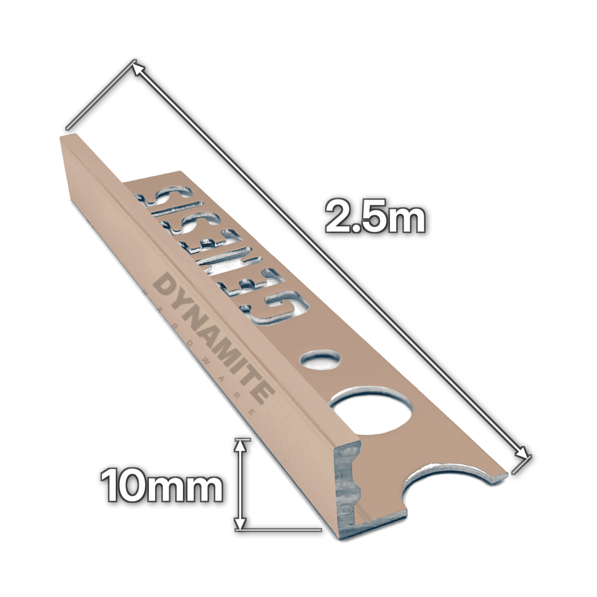 10mm Polished Copper Aluminium Straight Edge Tile Trim 2.5m - size marked with white arrows: 10mm profile height and 2.5m length
