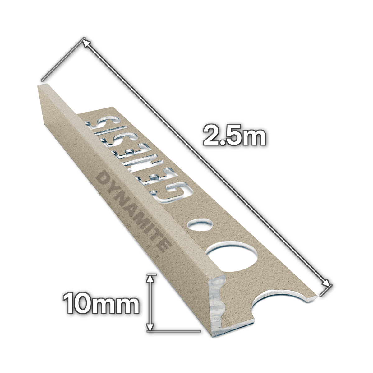 10mm Sandstone Effect Aluminium Straight Edge Tile Trim 2.5m - size marked with white arrows: 10mm profile height and 2.5m length