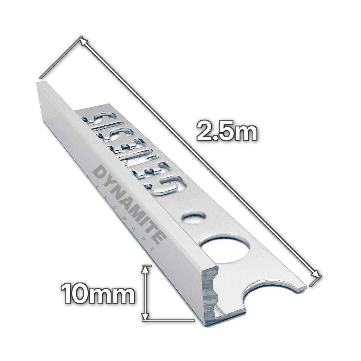 10mm Satin Silver Anodised Aluminium Straight Edge Tile Trim 2.5m - size marked with white arrows: 10mm profile height and 2.5m length