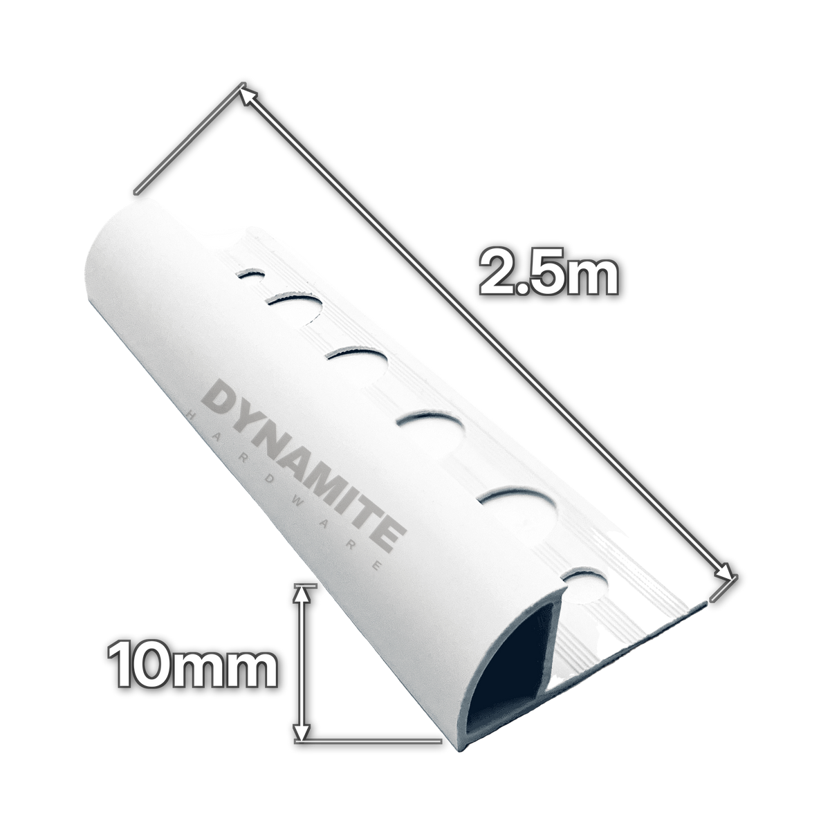 10mm White PVC Round Edge Tile Trim 2.5m - size marked with white arrows: 10mm profile height and 2.5m length