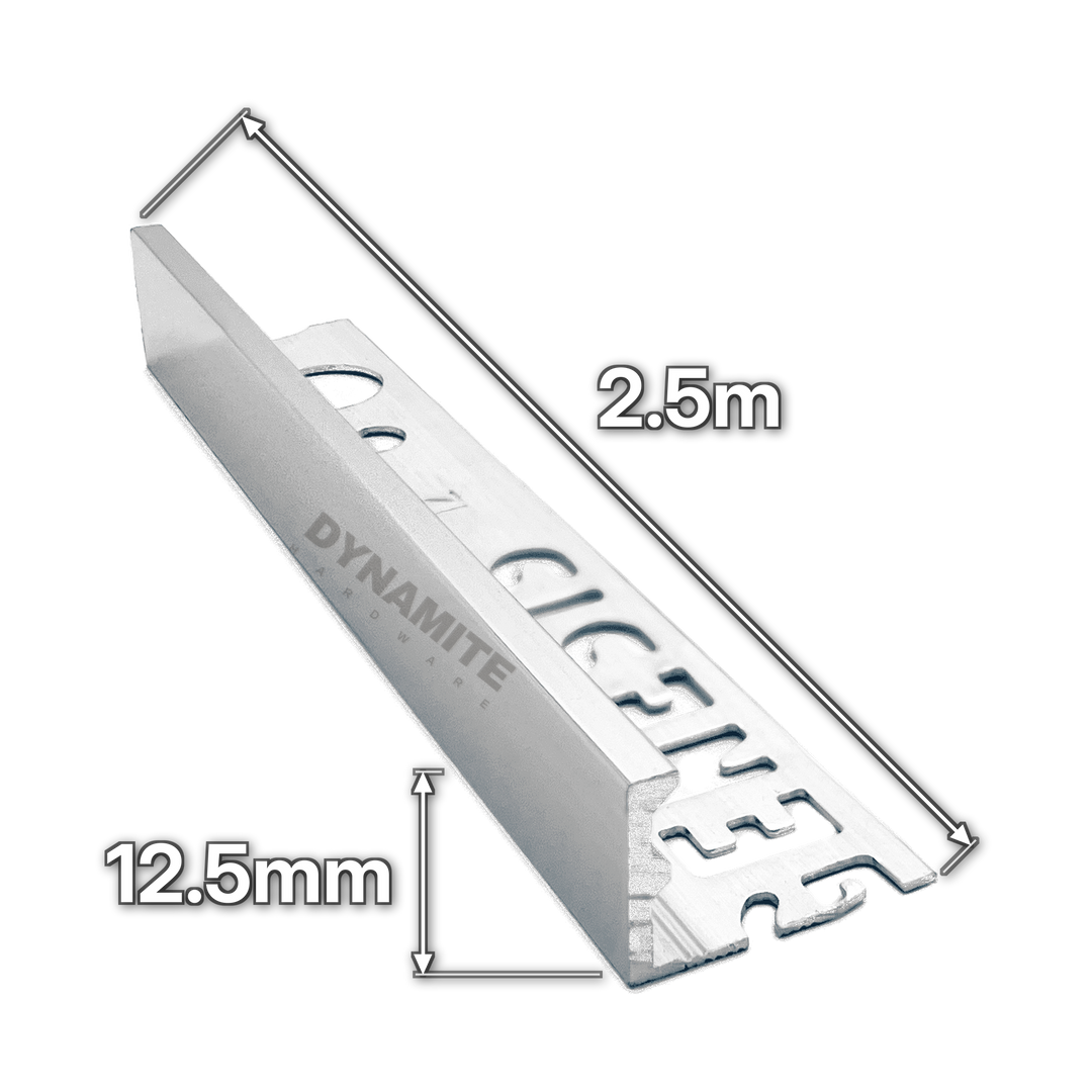 12.5mm Bright Chrome Aluminium Straight Edge Tile Trim 2.5m - size marked with white arrows: 12.5mm profile height and 2.5m length