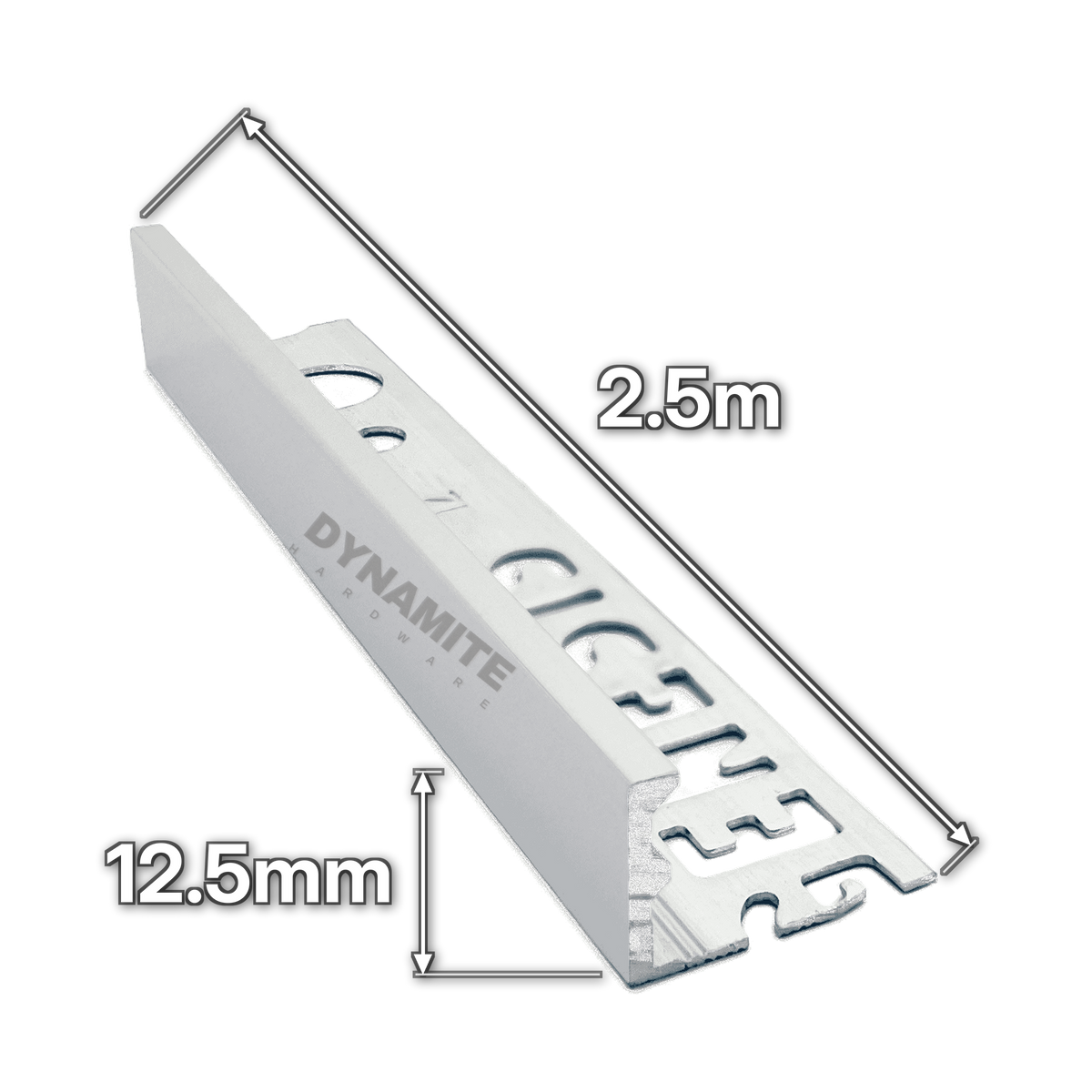 12.5mm Satin Silver Anodised Aluminium Straight Edge Tile Trim 2.5m - size marked with white arrows: 12.5mm profile height and 2.5m length