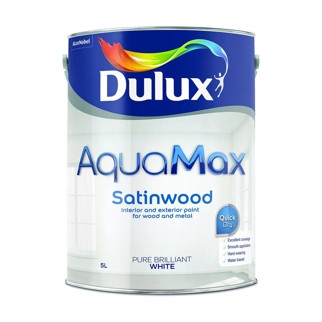 DULUX AQUAMAX SATINWOOD PURE BRILIANT WHITE 5L - Dynamite Hardware