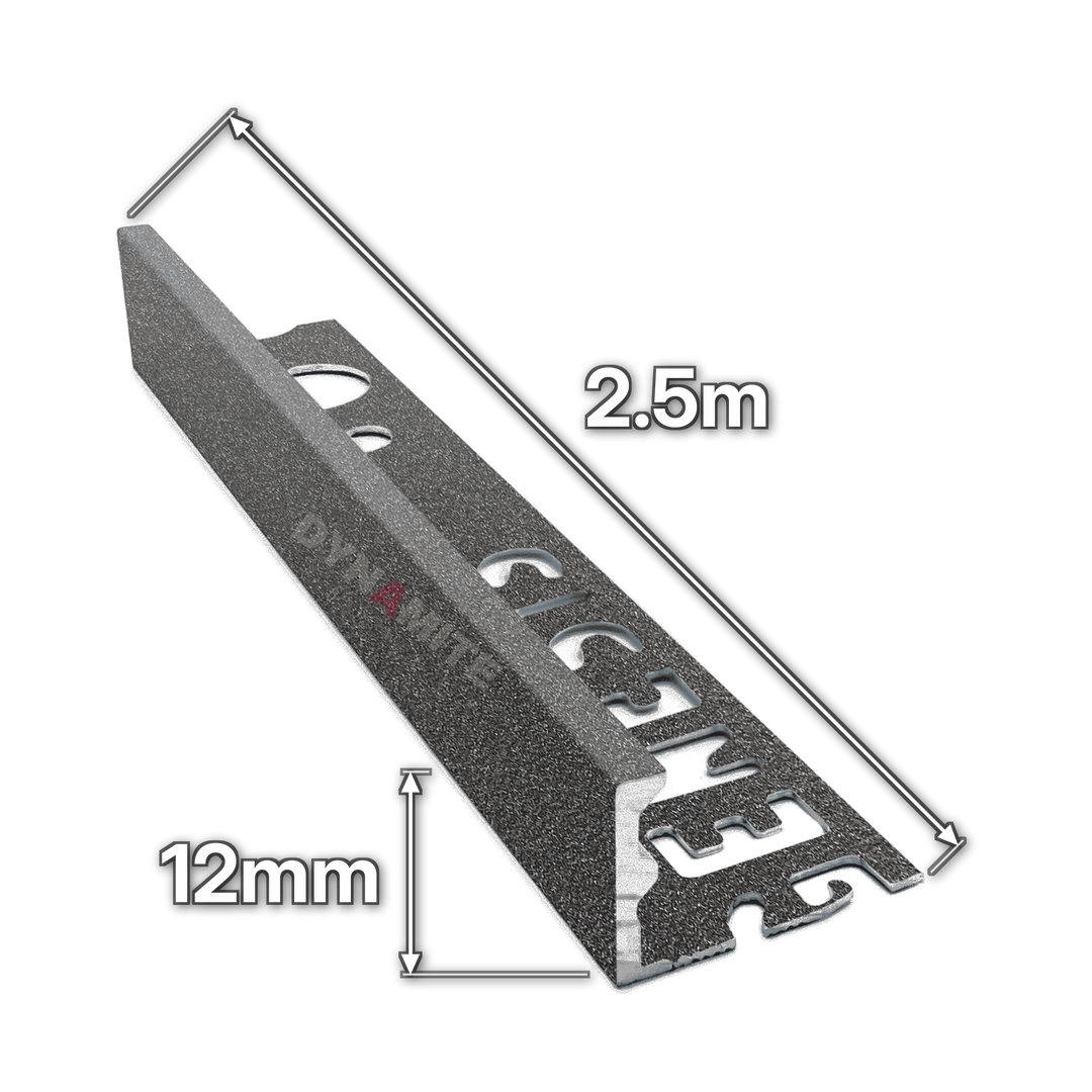 12mm Basalt Effect Aluminium Straight Edge Tile Trim 2.5m - size marked with white arrows: 12mm profile height and 2.5m length