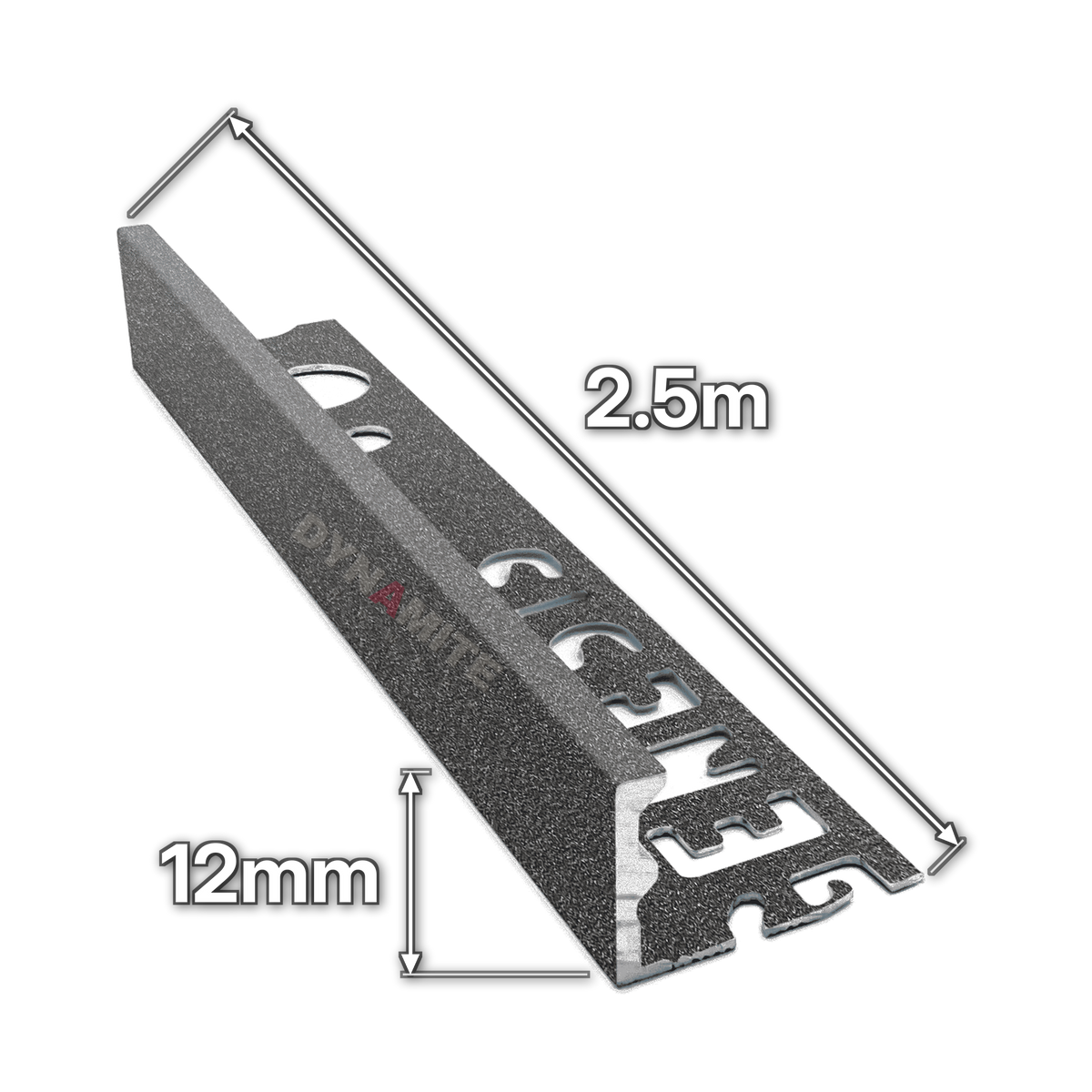 12mm Basalt Effect Aluminium Straight Edge Tile Trim 2.5m - size marked with white arrows: 12mm profile height and 2.5m length