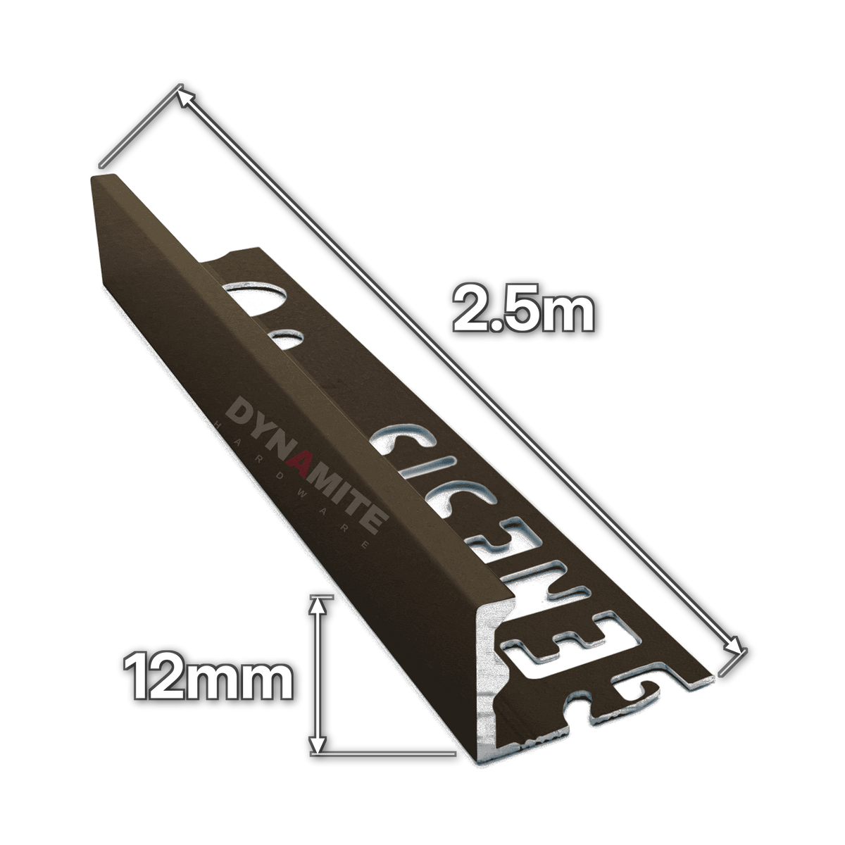 12mm Bronze Aluminium Straight Edge Tile Trim 2.5m - size marked with white arrows: 12mm profile height and 2.5m length