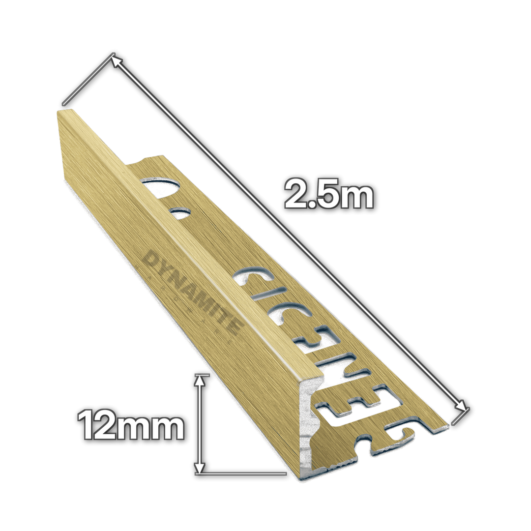 12mm Brushed Brass Aluminium Straight Edge Tile Trim 2.5m - size marked with white arrows: 12mm profile height and 2.5m length