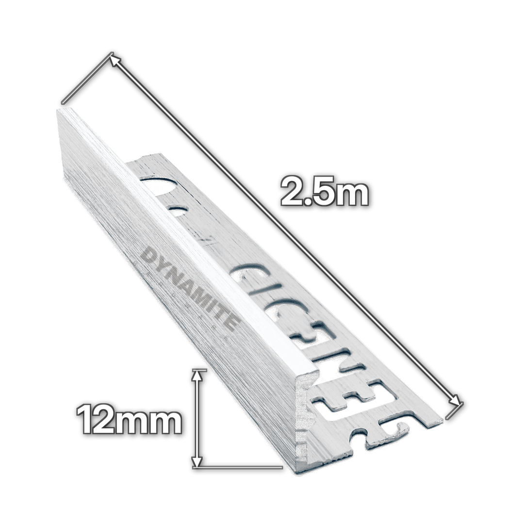 12mm Brushed Chrome Aluminium Straight Edge Tile Trim 2.5m - size marked with white arrows: 12mm profile height and 2.5m length