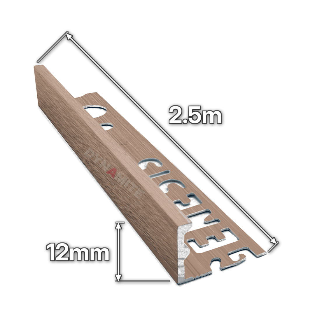 12mm Brushed Copper Aluminium Straight Edge Tile Trim 2.5m - size marked with white arrows: 12mm profile height and 2.5m length