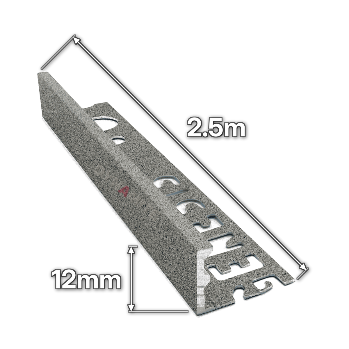 12mm Granite Effect Aluminium Straight Edge Tile Trim 2.5m - size marked with white arrows: 12mm profile height and 2.5m length