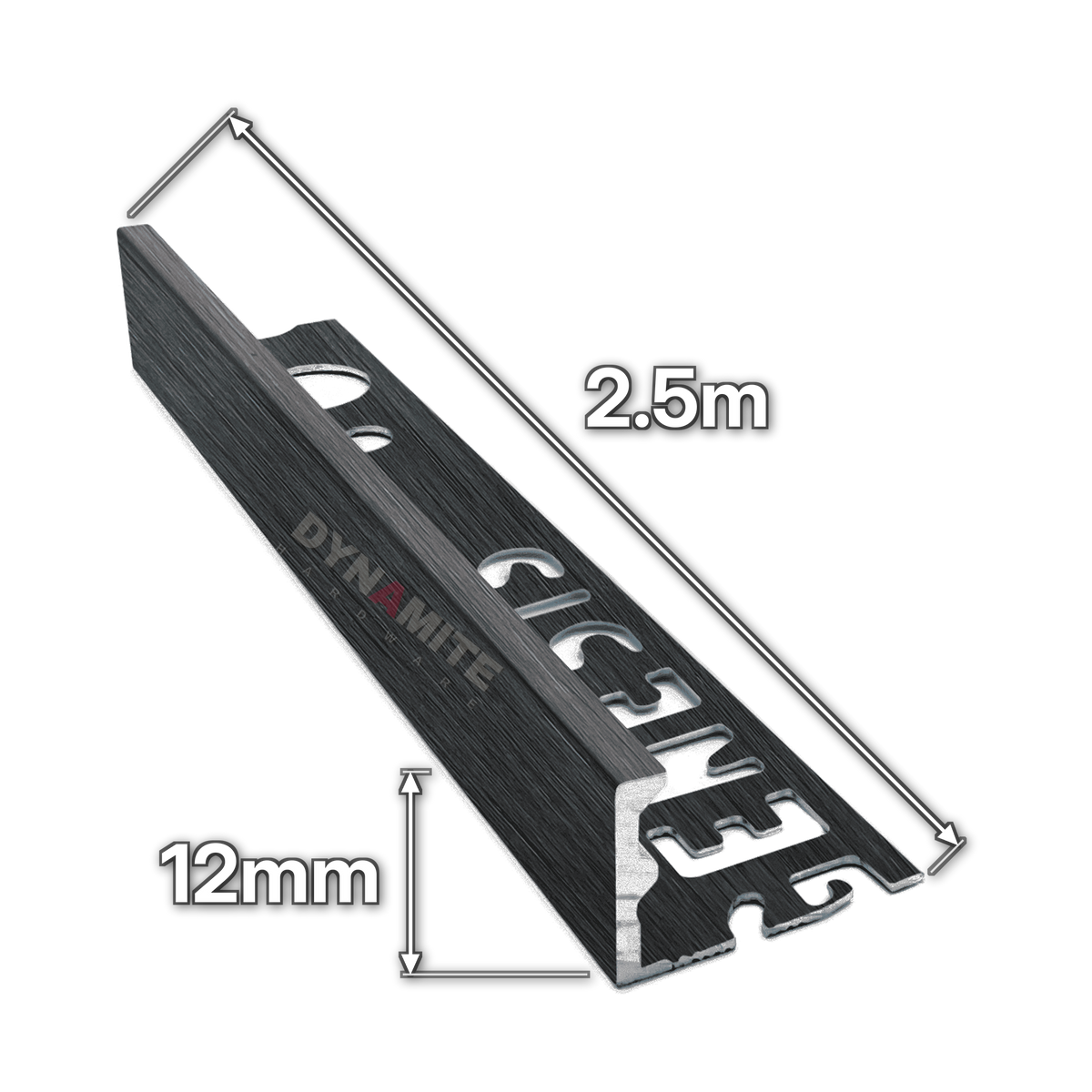12mm Gunmetal Aluminium Straight Edge Tile Trim 2.5m - size marked with white arrows: 12mm profile height and 2.5m length