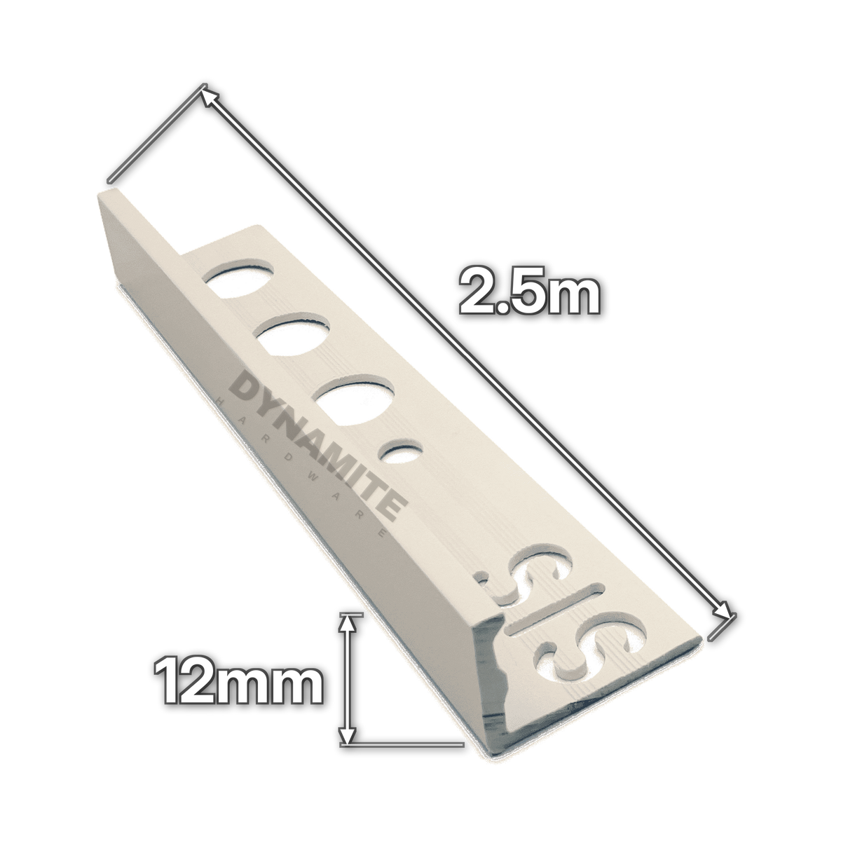 12mm Jasmine PVC Straight Edge Tile Trim 2.5m - size marked with white arrows: 12mm profile height and 2.5m length