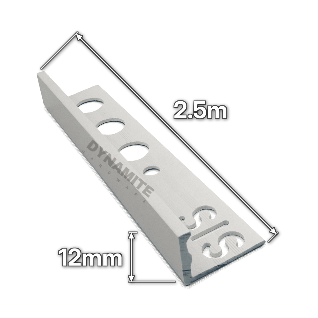 12mm Light Grey PVC Straight Edge Tile Trim 2.5m - size marked with white arrows: 12mm profile height and 2.5m length