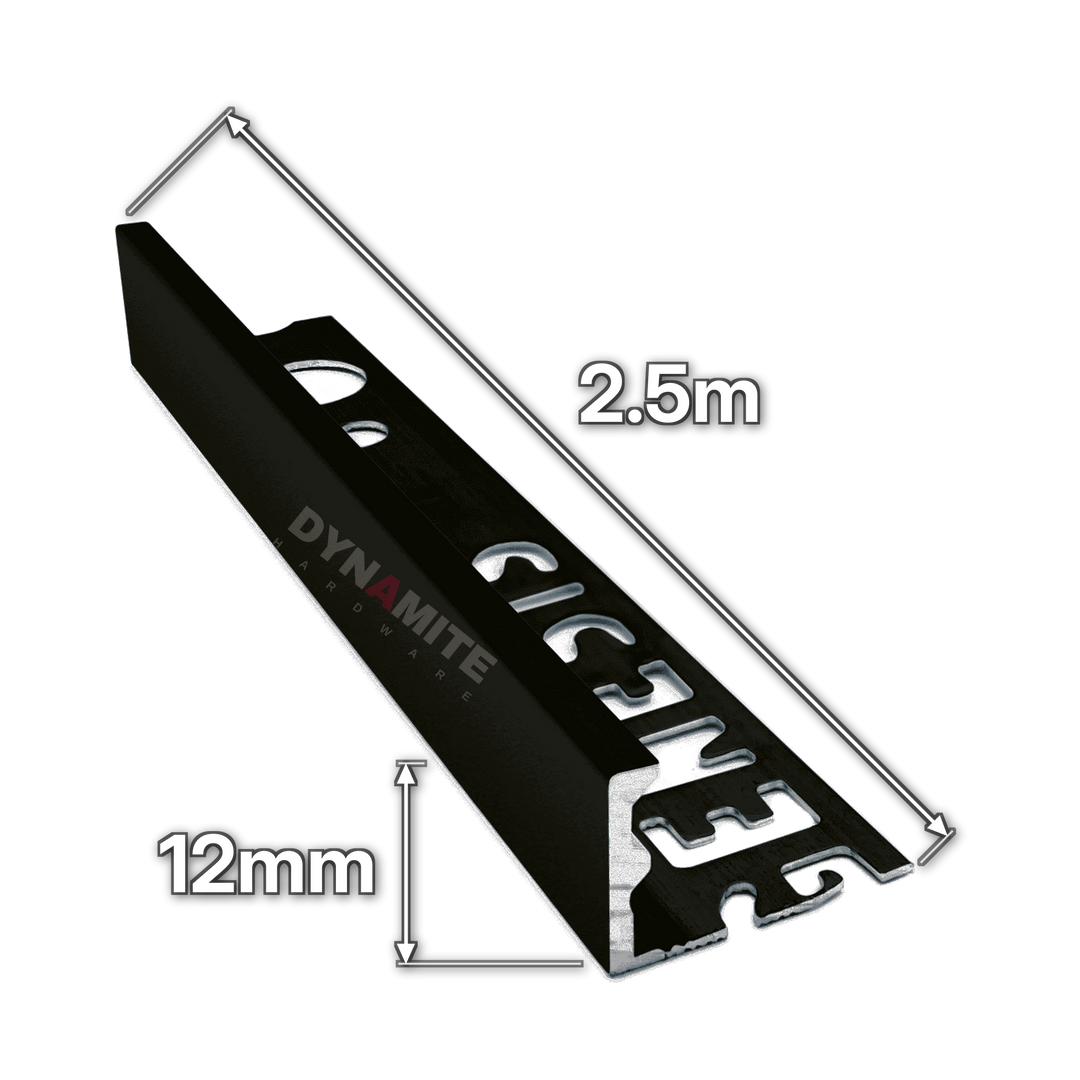 12mm Matt Black Aluminium Straight Edge Tile Trim 2.5m - size marked with white arrows: 12mm profile height and 2.5m length