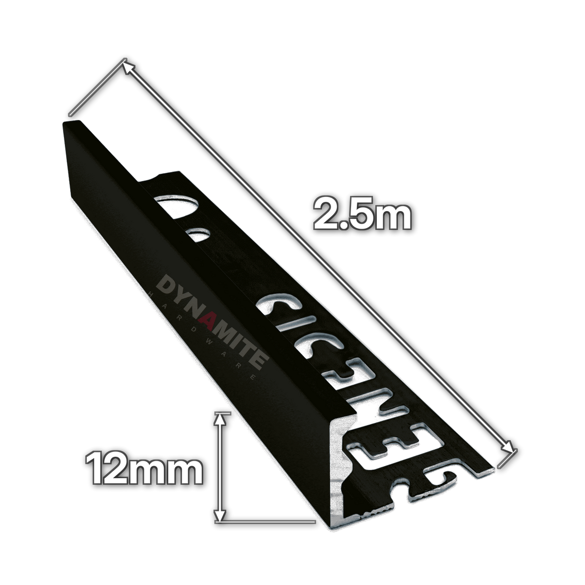 12mm Matt Black Aluminium Straight Edge Tile Trim 2.5m - size marked with white arrows: 12mm profile height and 2.5m length