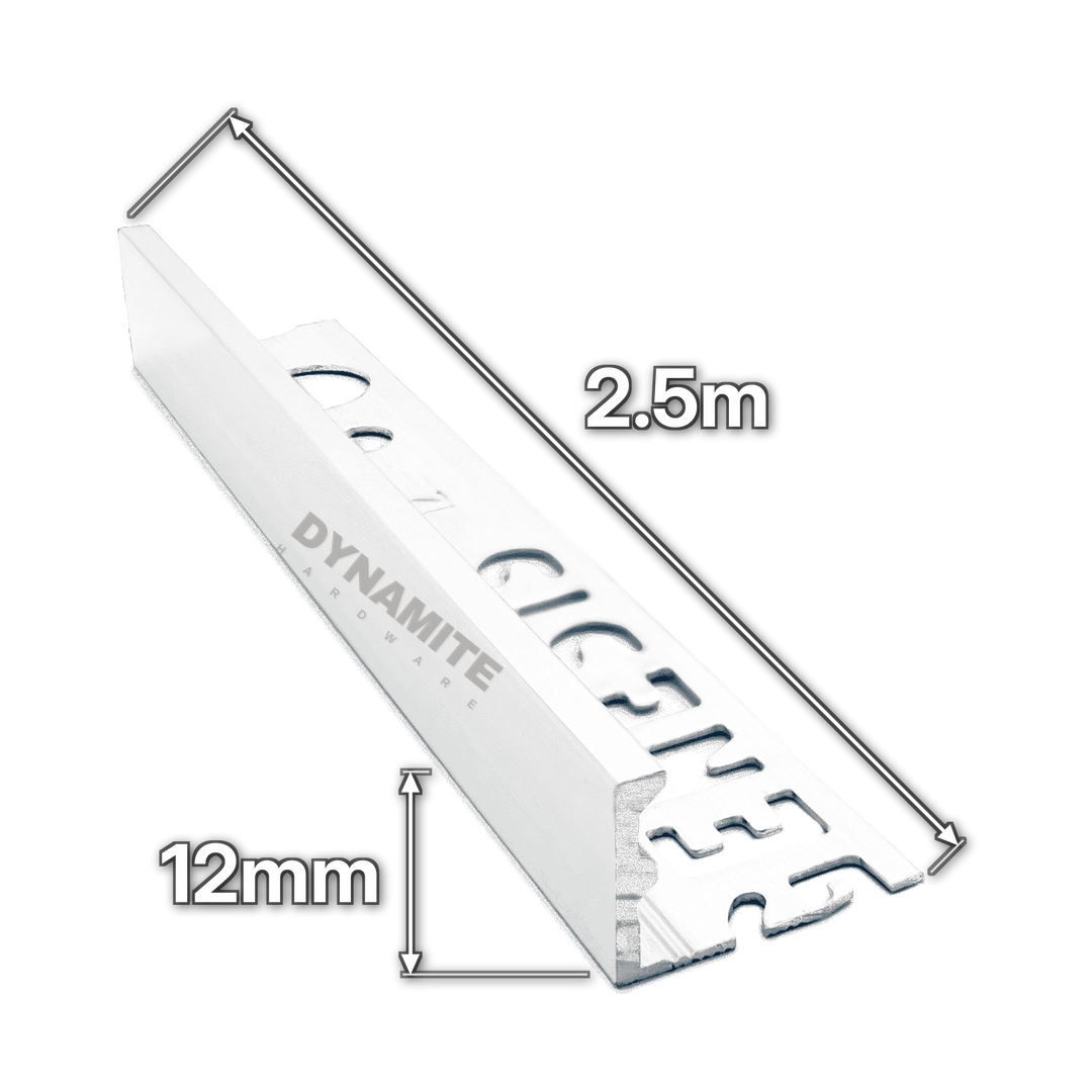 12mm Matt White Aluminium Straight Edge Tile Trim 2.5m - size marked with white arrows: 12mm profile height and 2.5m length