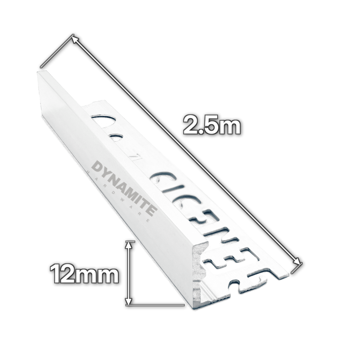12mm Matt White Aluminium Straight Edge Tile Trim 2.5m - size marked with white arrows: 12mm profile height and 2.5m length