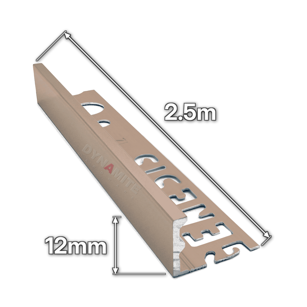 12mm Polished Copper Aluminium Straight Edge Tile Trim 2.5m - size marked with white arrows: 12mm profile height and 2.5m length