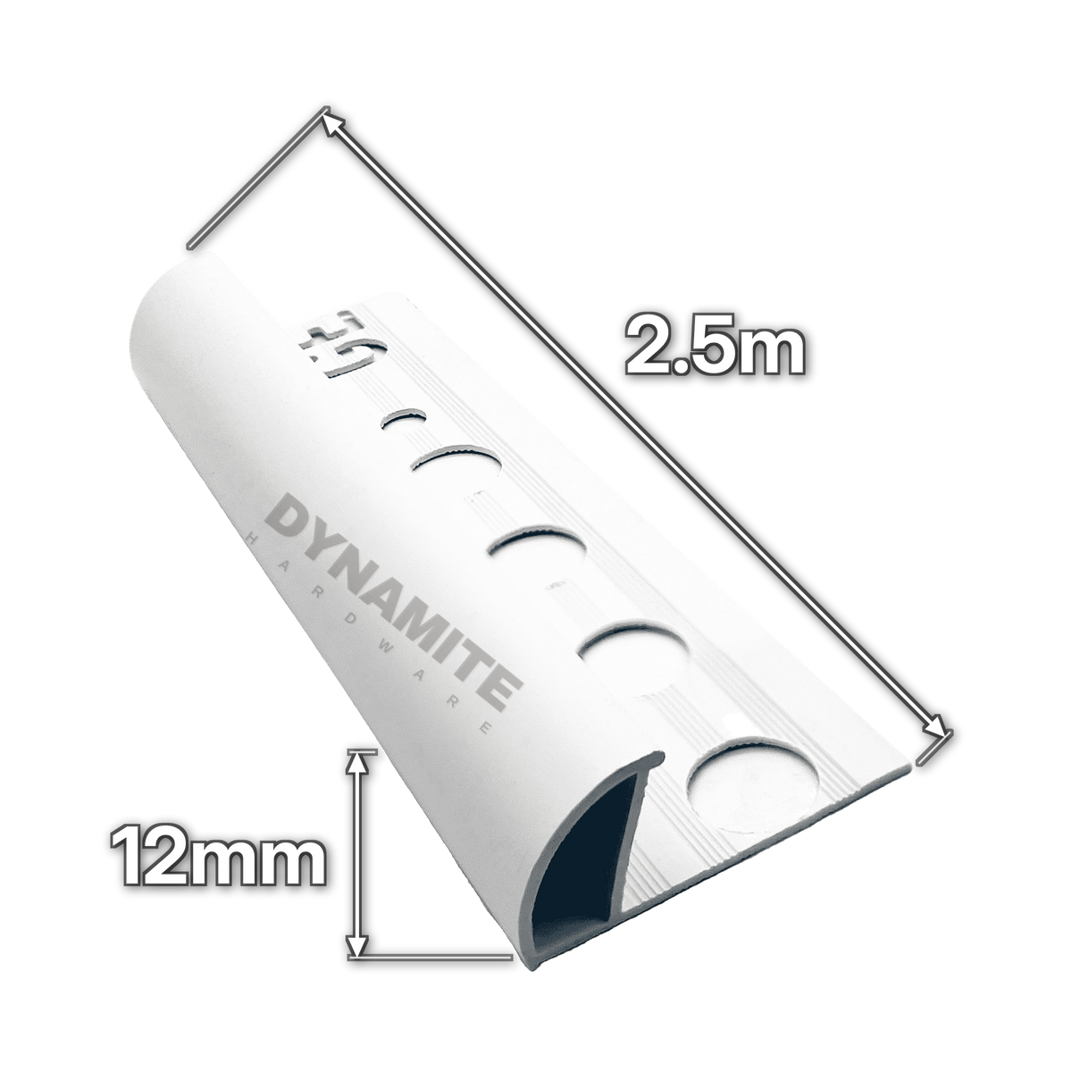 12mm White PVC Round Edge Tile Trim 2.5m - size marked with white arrows: 12mm profile height and 2.5m length