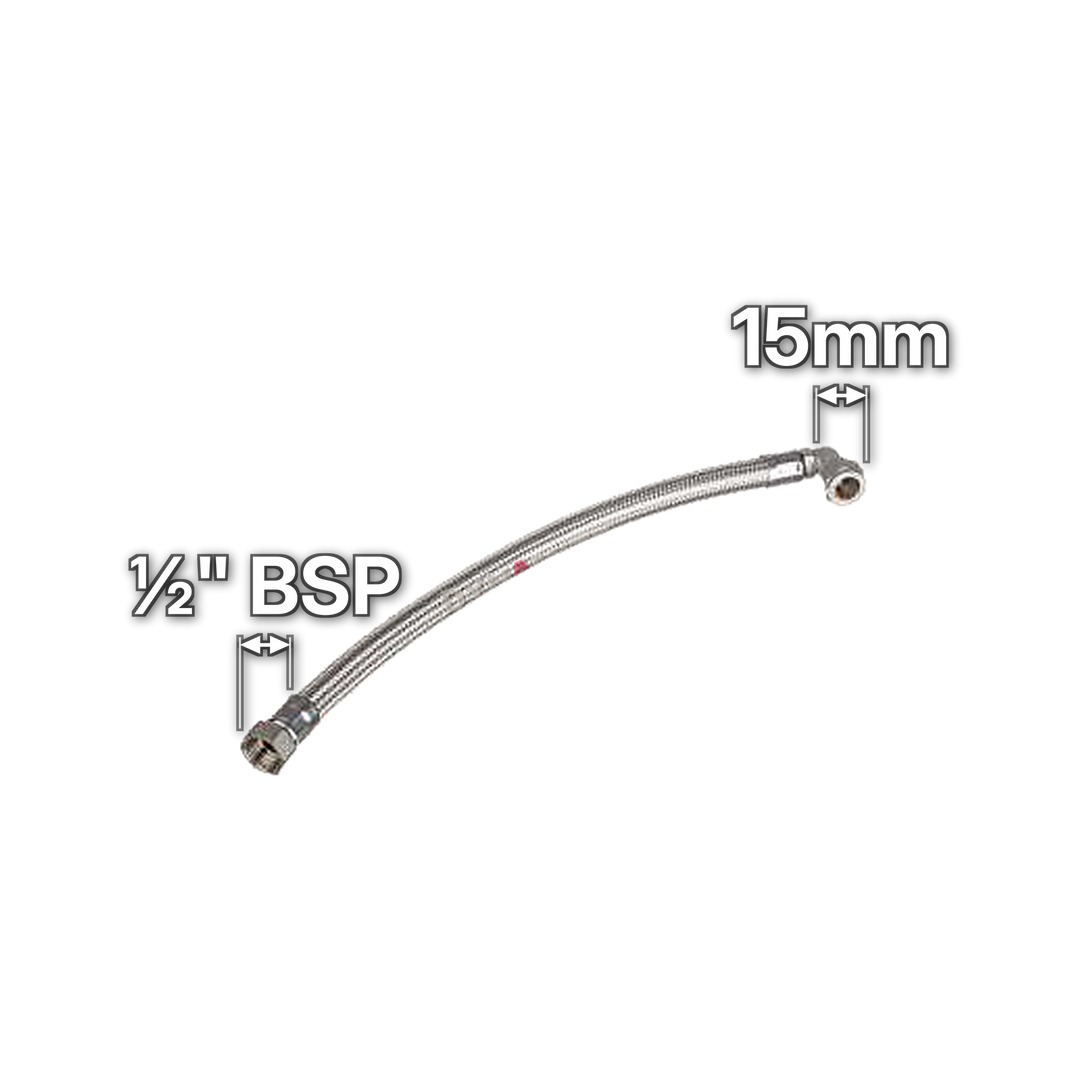 15mm x ½" Flexible Tap Connector - Elbow Compression End, sizes marked with white arrows: ½" BSP and 15mm