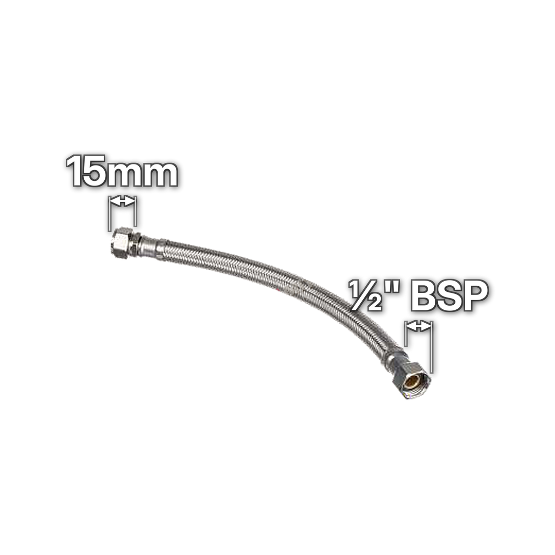 15mm x ½" Flexible Tap Connector, sizes marked with white arrows: 15mm and ½" BSP