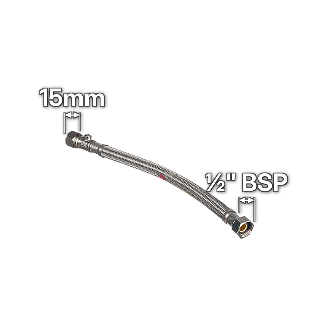 15mm x ½" Flexible Tap Connector with Isolating Valve, sizes marked with white arrows: 15mm and ½" BSP