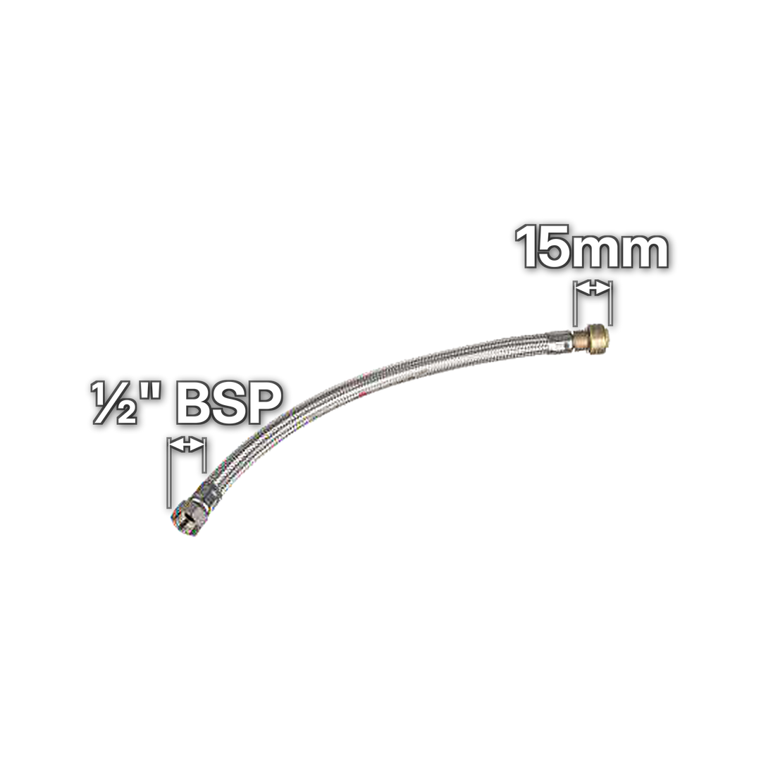 15mm x ½" Push-Fit Flexible Tap Connector, sizes marked with white arrows: ½" BSP and 15mm