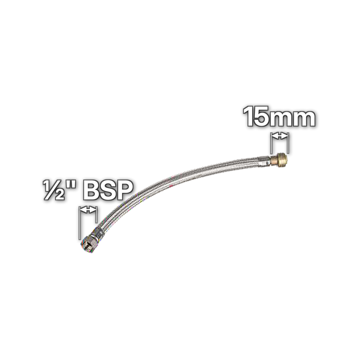 15mm x ½" Push-Fit Flexible Tap Connector, sizes marked with white arrows: ½" BSP and 15mm