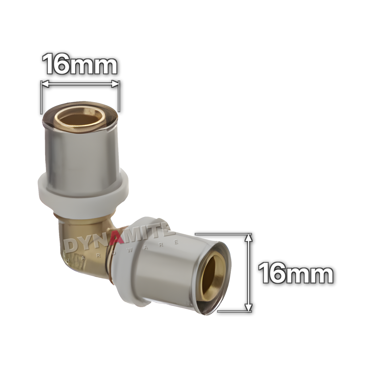 16mm Multilayer Crimp Elbow (code MF1516), size marked with white arrows: 16mm crimp x 16mm crimp, 90°