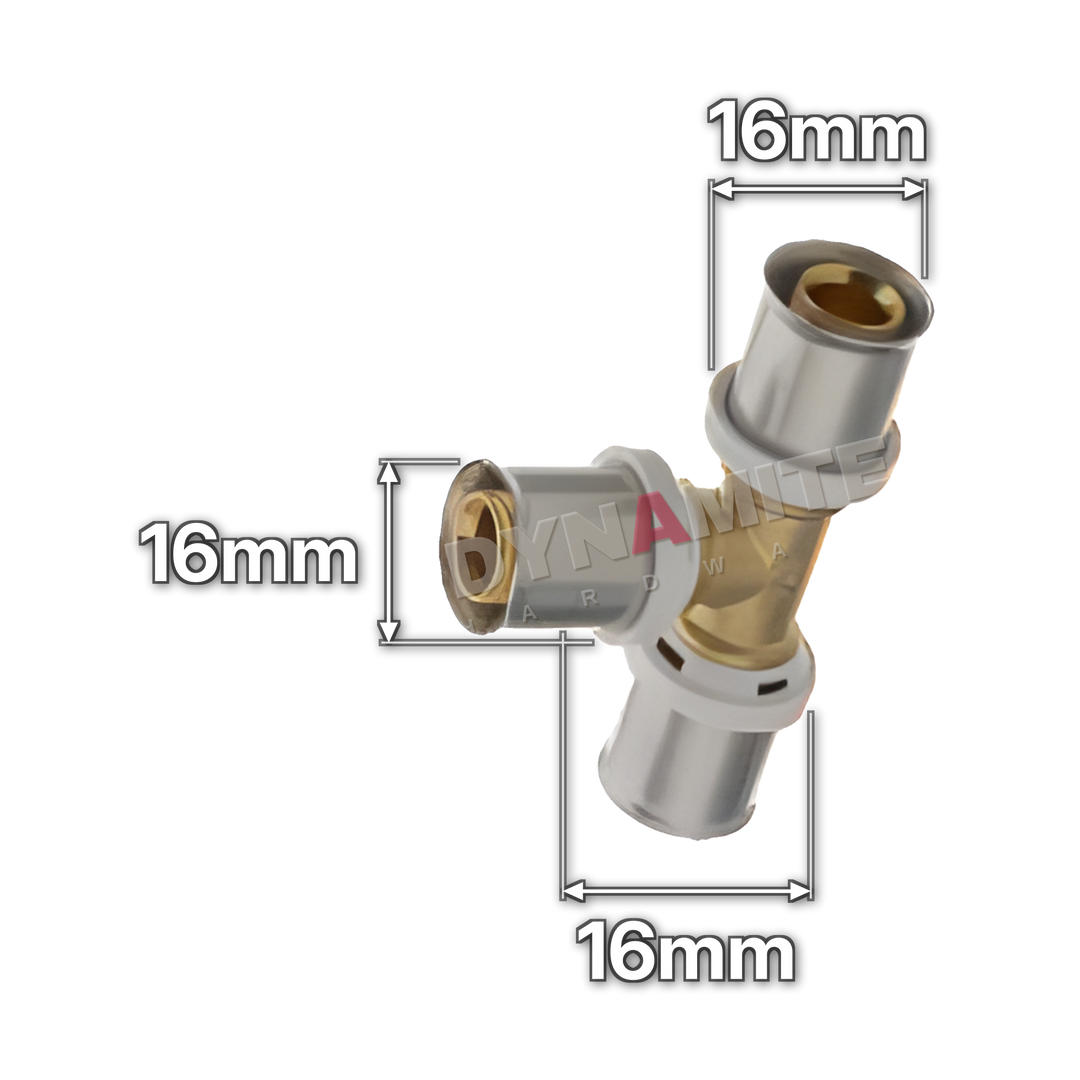 16mm Multilayer Crimp Equal Tee (code MF1816), size marked with white arrows: 16mm crimp on all three ends