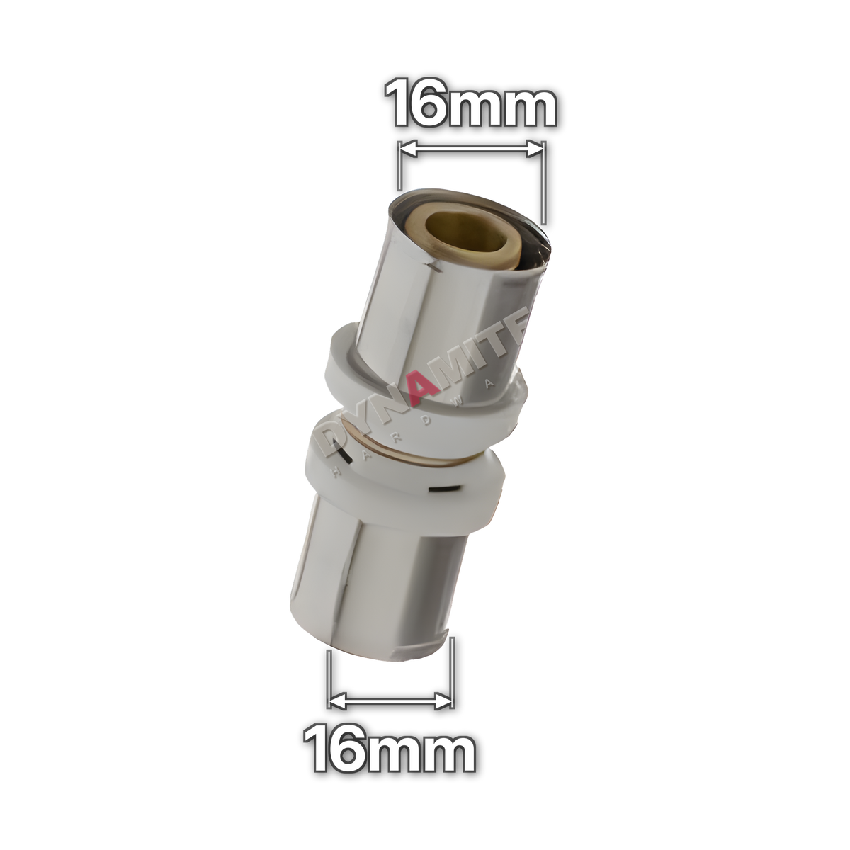 16mm Multilayer Crimp Straight Coupling (code MF1016), size marked with white arrows: 16mm crimp x 16mm crimp
