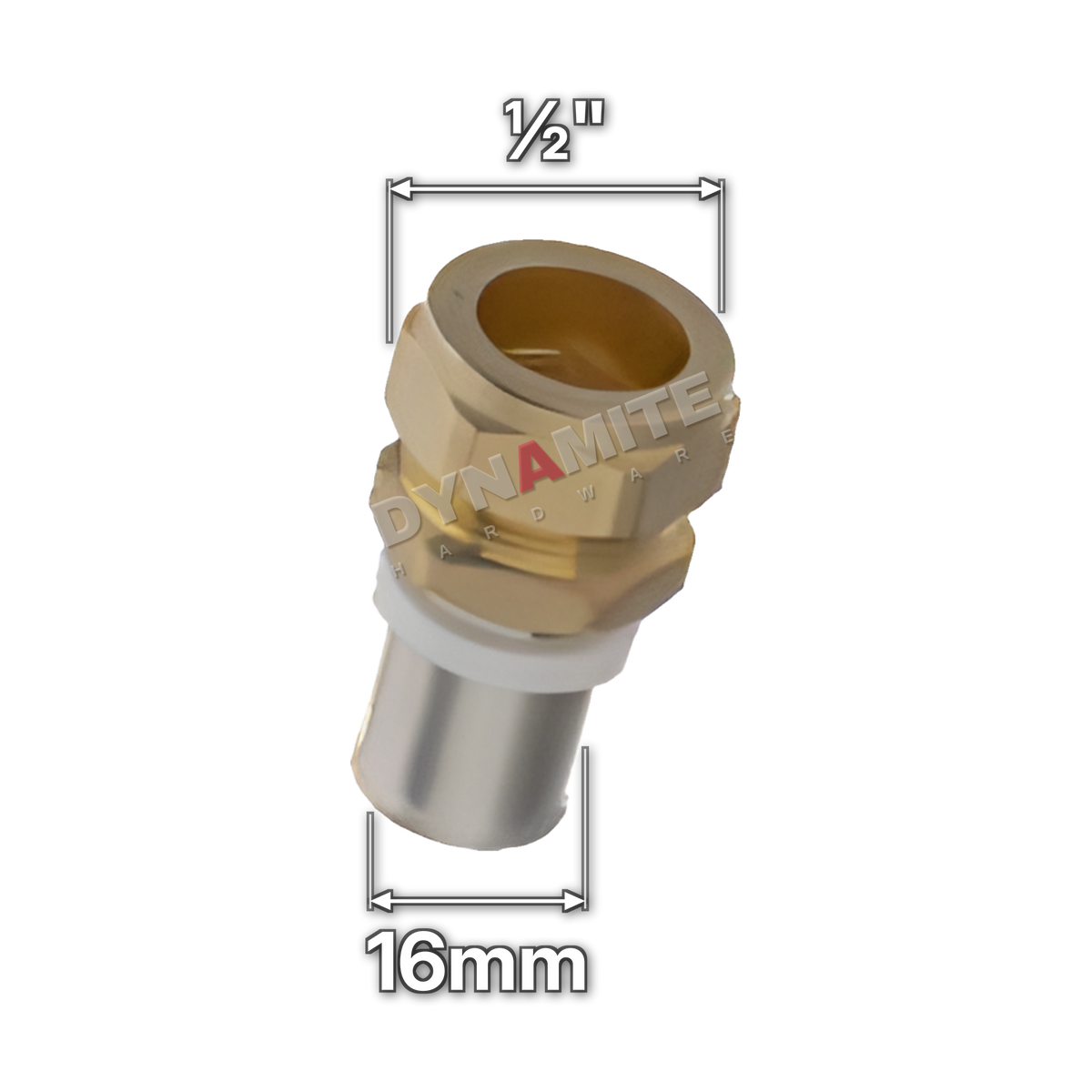 16mm Multilayer Crimp x ½" Copper Adaptor (code MFAD1612), size marked with white arrows: 16mm crimp x ½" (14.7mm) compression for copper or PEX pipe